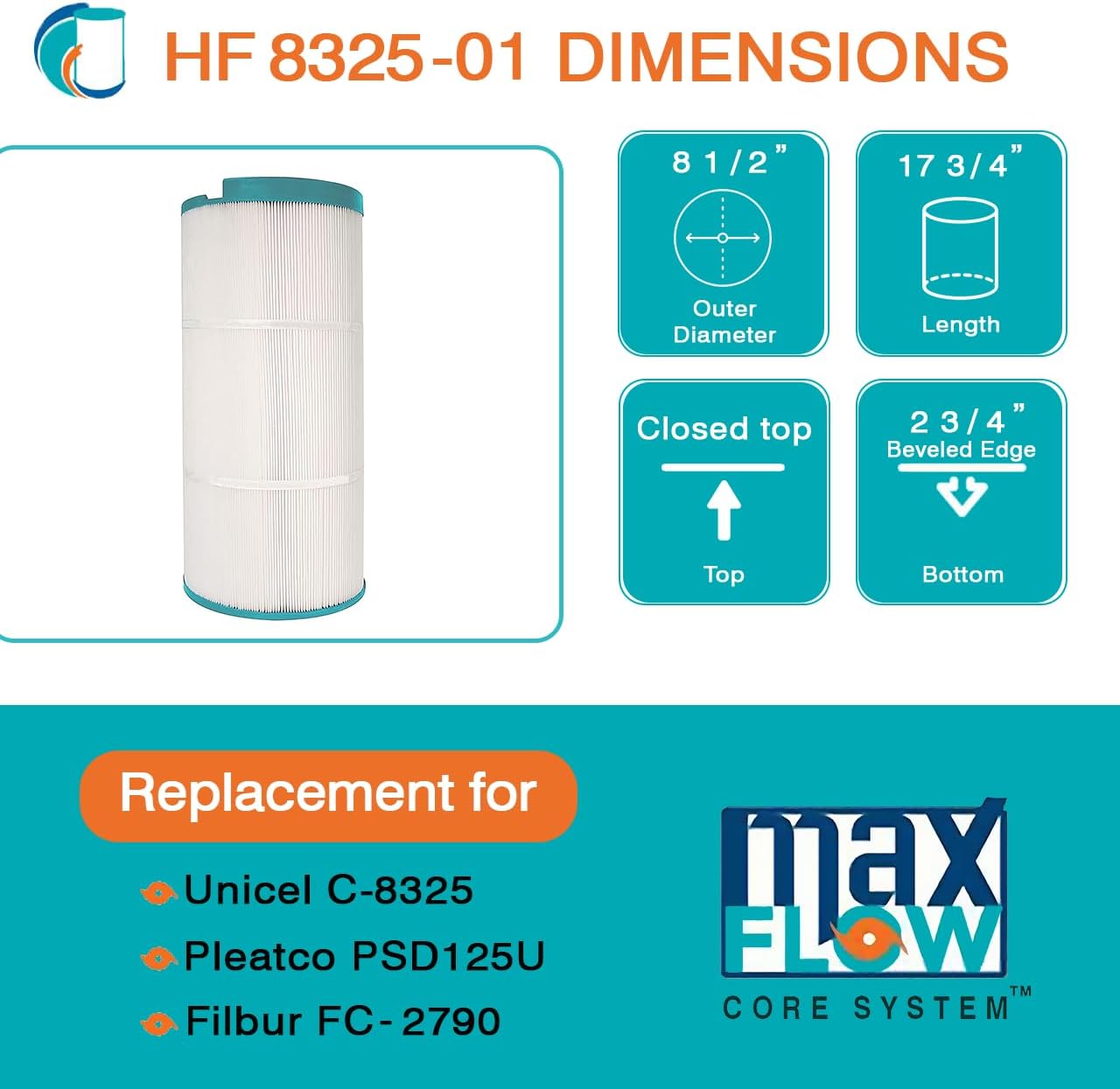 HF8325-01 Advanced Spa Filter Cartridge - Replacement for Pleatco PSD125U, Unicel C-8325, Filbur FC-2790