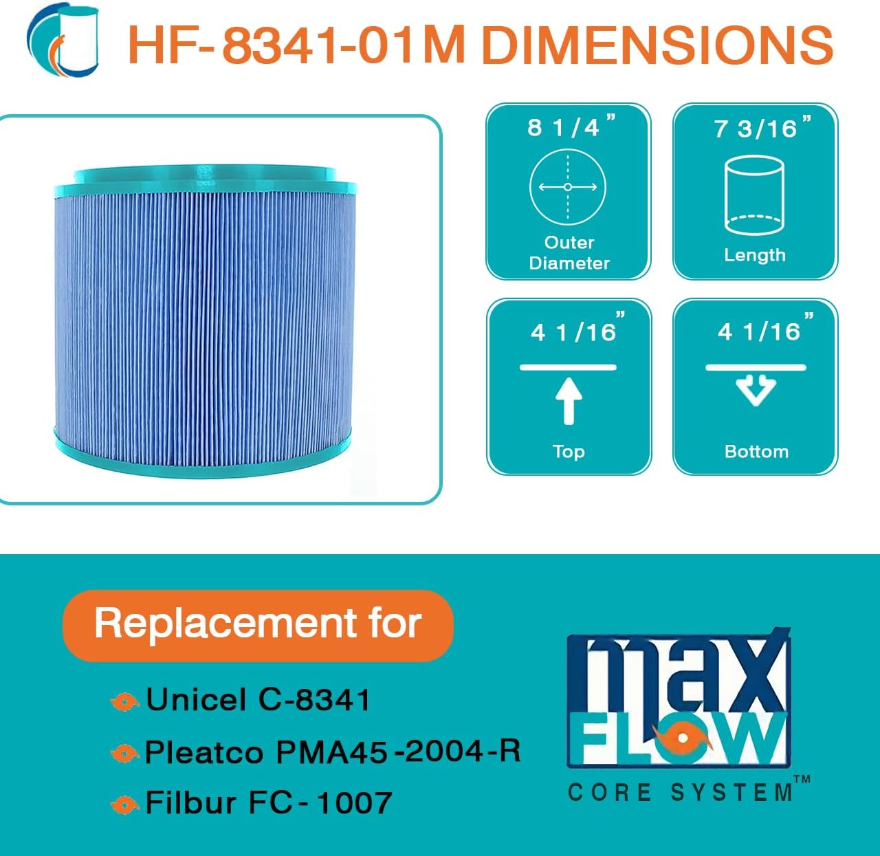 HF8341-01M Elite Aseptic Spa Filter Cartridge - Replacement for Pleatco PMA45-2004-R, Unicel C-8341, Filbur FC-1007, Master Spas EP