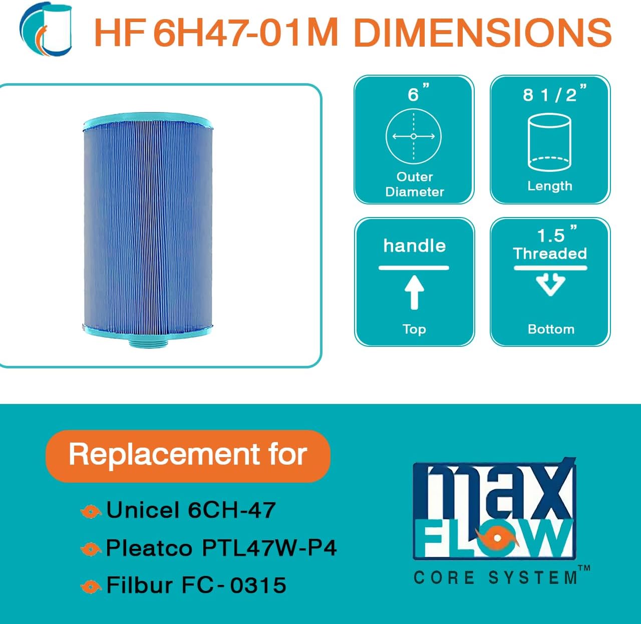 HF6H47-01M Advanced Spa Filter Cartridge - Replacement for Pleatco PTL47W-P4, Unicel 6CH-47, Filbur FC-0315M, Advanced/LA Spas, Aber Hot Tub
