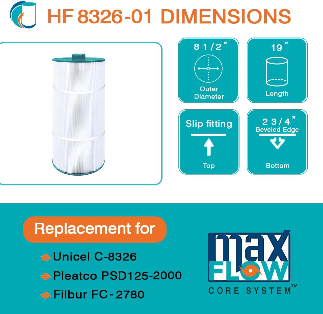 HF8326-01 Advanced Spa Filter Cartridge - Replacement for Pleatco PSD125-2000, Unicel C-8326, Filbur FC-2780