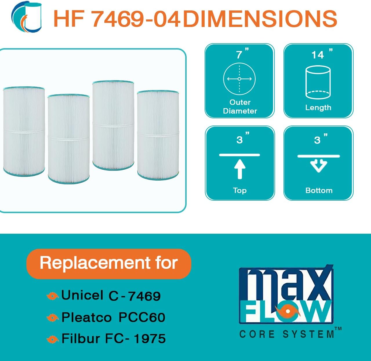 4 Pack HF7469-04P Platinum Purple Pool Filter Cartridge - Replacement for Pleatco PCC60, Unicel C-7469, Filbur FC-1975, Pentair Clean & Clear 240, Hayward SwimClear C2025