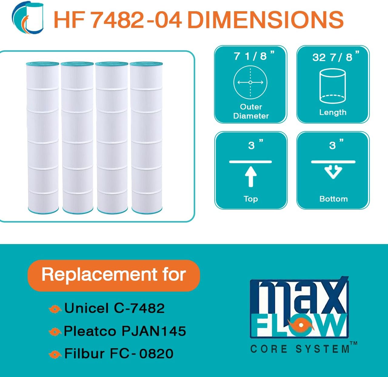 4 Pack HF7482-04P Platinum Purple Pool Filter Cartridge - Replacement for Pleatco PJAN145, Unicel C-7482, Filbur FC-0820, Jandy Industries CL580, CV580