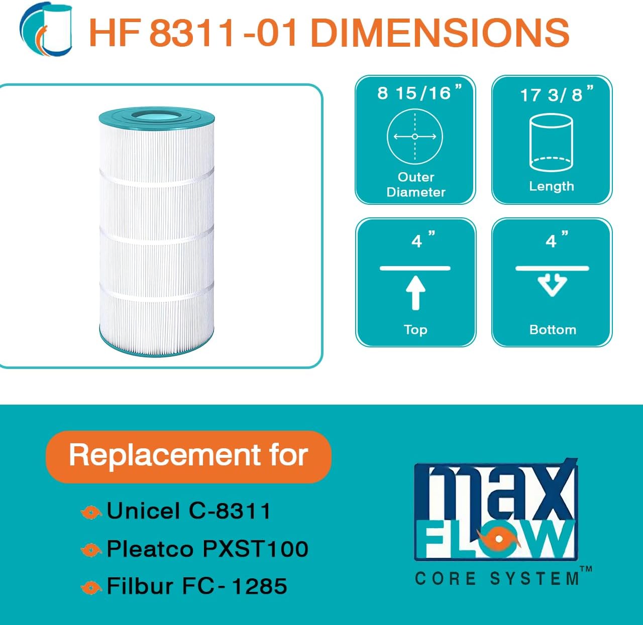HF8311-01 Advanced Pool Filter Cartridge - Replacement for Pleatco PXST100, Unicel C-8311, Filbur FC-1285, Hayward X-Stream CC100