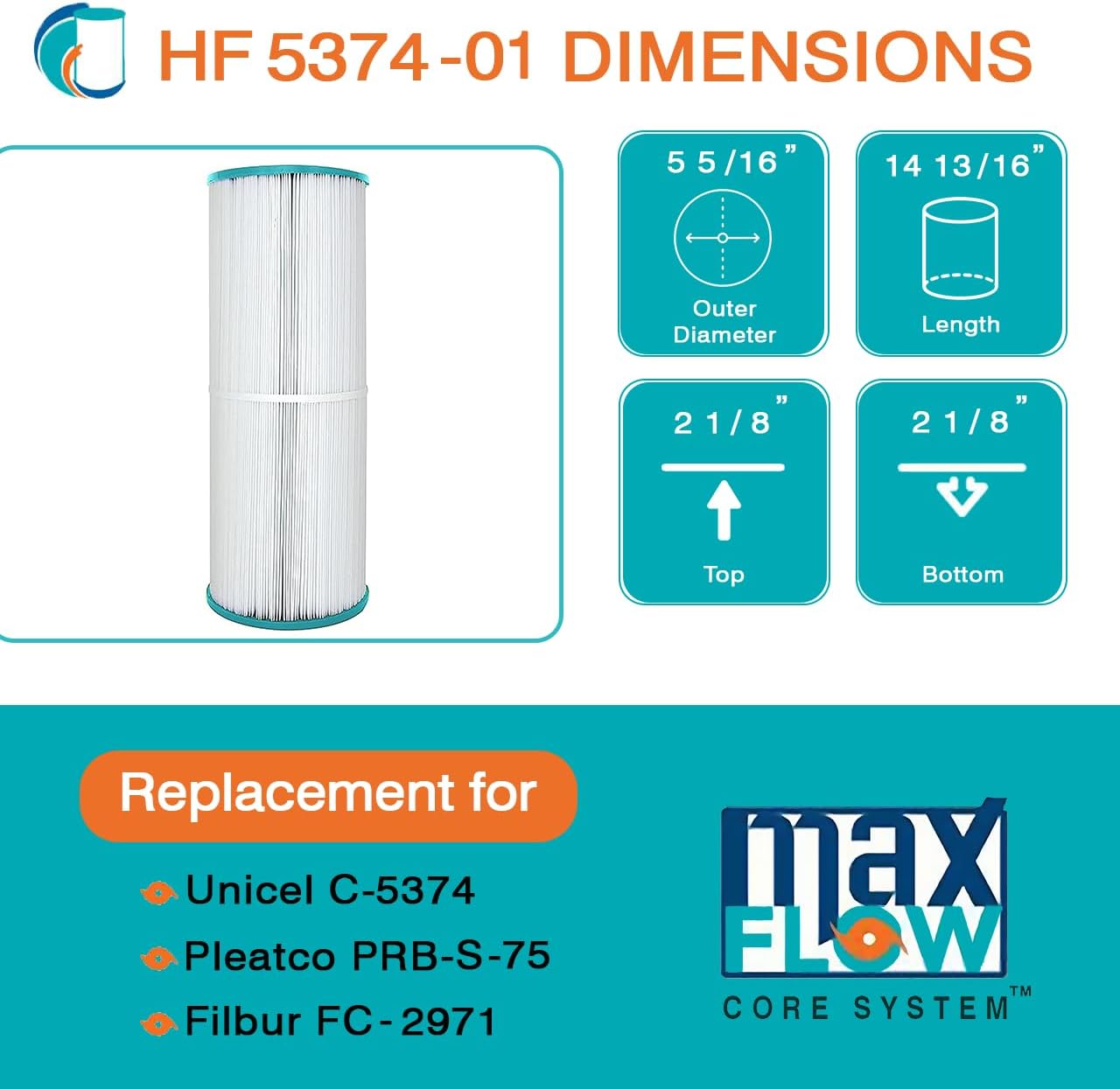 HF5374-01 Advanced Spa Filter Cartridge - Replacement for Pleatco PLBS75 Unicel C-5374, Filbur FC-2971, Rainbow, Waterway, Leisure Bay, S2/G2 Spa 75