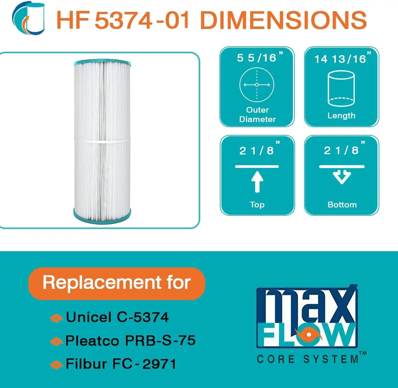 HF5374-01 Advanced Spa Filter Cartridge - Replacement for Pleatco PLBS75 Unicel C-5374, Filbur FC-2971, Rainbow, Waterway, Leisure Bay, S2/G2 Spa 75 by Hurricane Pool Filters