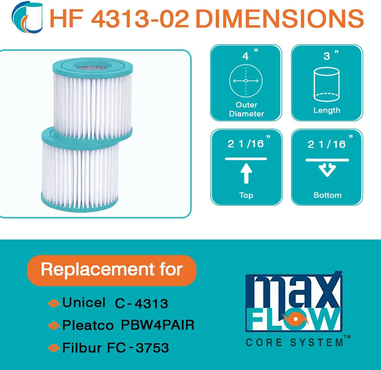 HF4313-02 Advanced Pool Filter Cartridge - Replacement for Pleatco PBW4PAIR, Unicel C-4313, Filbur FC-3753, Intex Sand N Sun Size D, Simple Set Type 1, Aqua Leisure Size 1