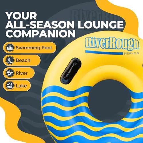 SOLSTICE Inflatable Tube Float – Heavy-Duty Material with Grab Handles for Pool, Lake & River – Compact Size for Easy Packing – 1-Person, Yellow & Blue, Large 48" – River Rough by Swimline