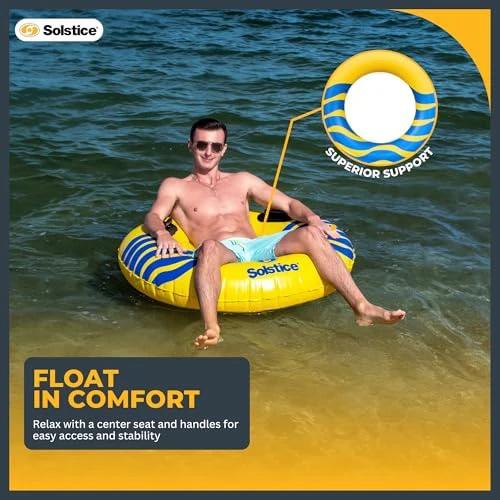 SOLSTICE Inflatable Tube Float – Heavy-Duty Material with Grab Handles for Pool, Lake & River – Compact Size for Easy Packing – 1-Person, Yellow & Blue, Large 48" – River Rough by Swimline