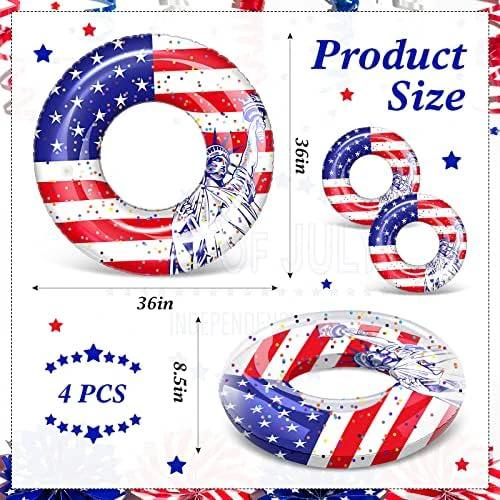 Wettarn 4 Pcs 4th of July Pool Float USA Patriotic Swim Tube 36 Inch American Flag Inflatable Pool Floats Adult America Pool Tube Large Swimming Ring Float for Beach, Pool, Water Park by Wettarn