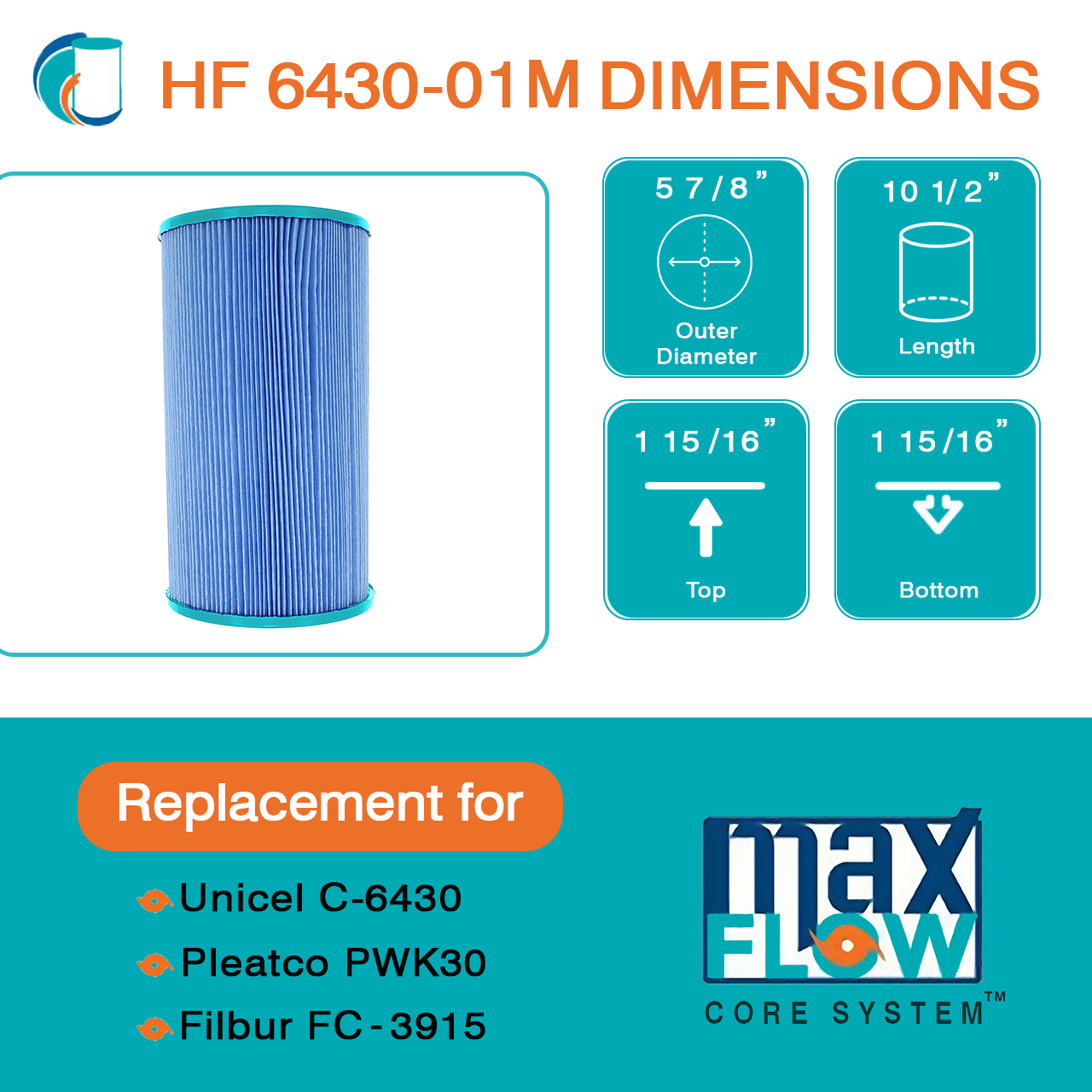 HF6430-01M Elite Aseptic Spa Filter Cartridge - Replacement for Pleatco PWK30-M, Unicel C-6430RA, Filbur FC-3915-M, Watkins Hot Spring Spas