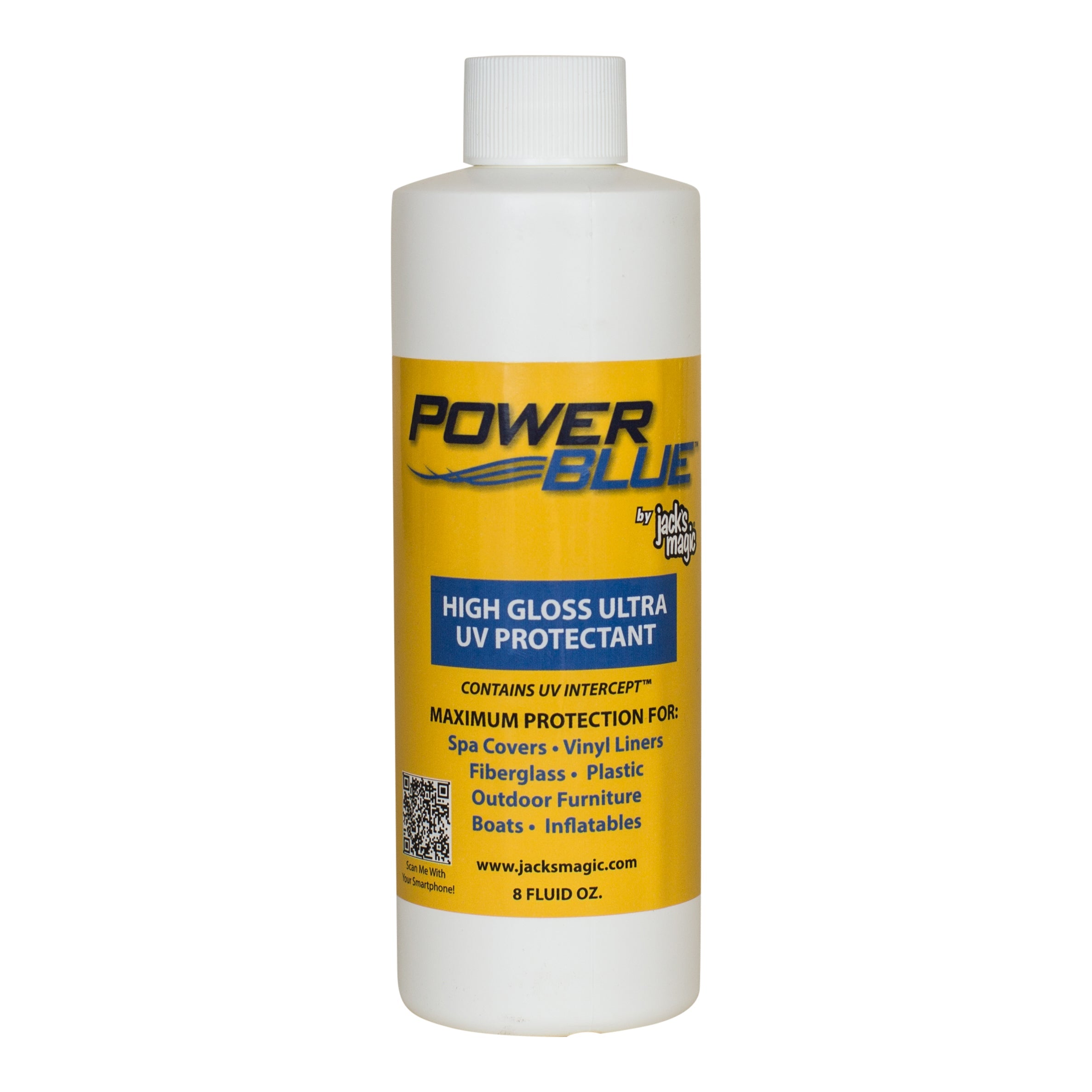 Jack's Magic Power Blue Waterline and Tile Cleaner with High Gloss Ultra UV Protectant offers superior cleaning for various surfaces.