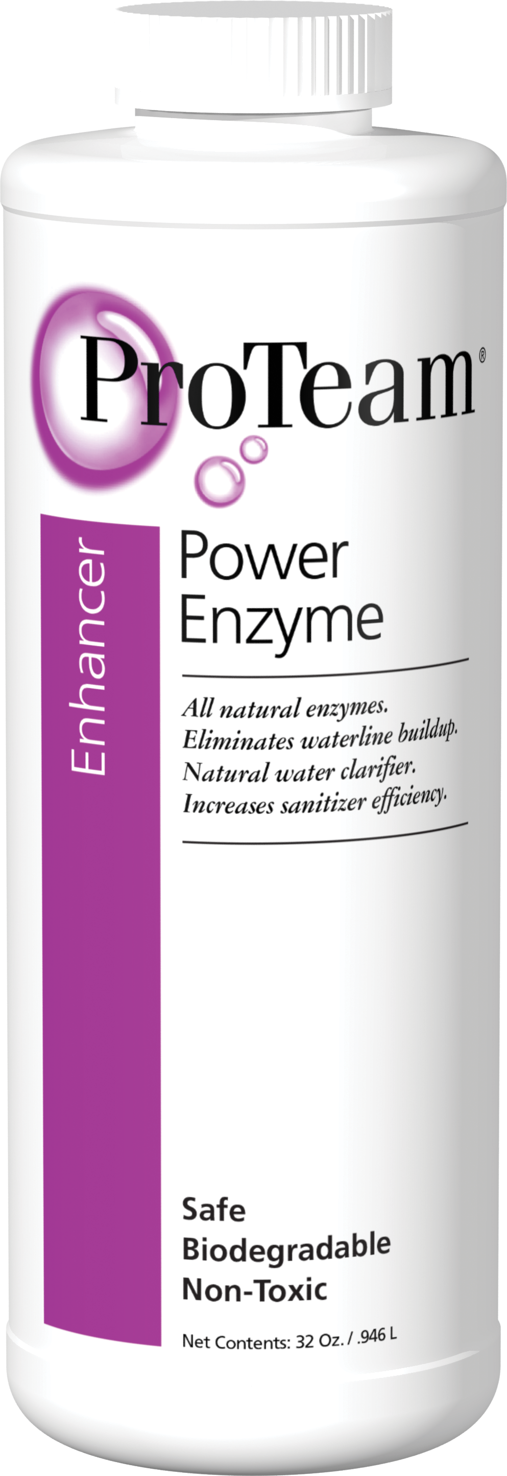 Photo of Power Enzyme, a natural, pH neutral biodegradable swimming pool product that removes body oils and dead organic matter