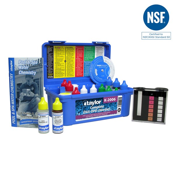Taylor K-2006 Complete™ kit for Chlorine, pH, Alkalinity, Hardness, CYA (FAS-DPD–high range) (.75 oz bottles) - Duckies Pool Supply