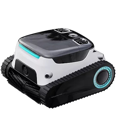 Aiper robotic pool cleaner with white body, black top, teal accents, and rubber tracks.