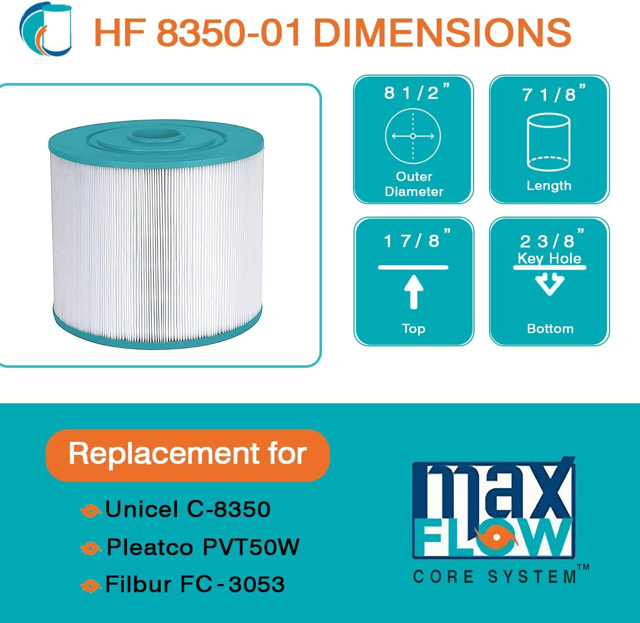 HF8350-01 Advanced Spa Filter Cartridge - Replacement for Pleatco PVT50W, Unicel C-8350, Filbur FC-3053, Vita Spa