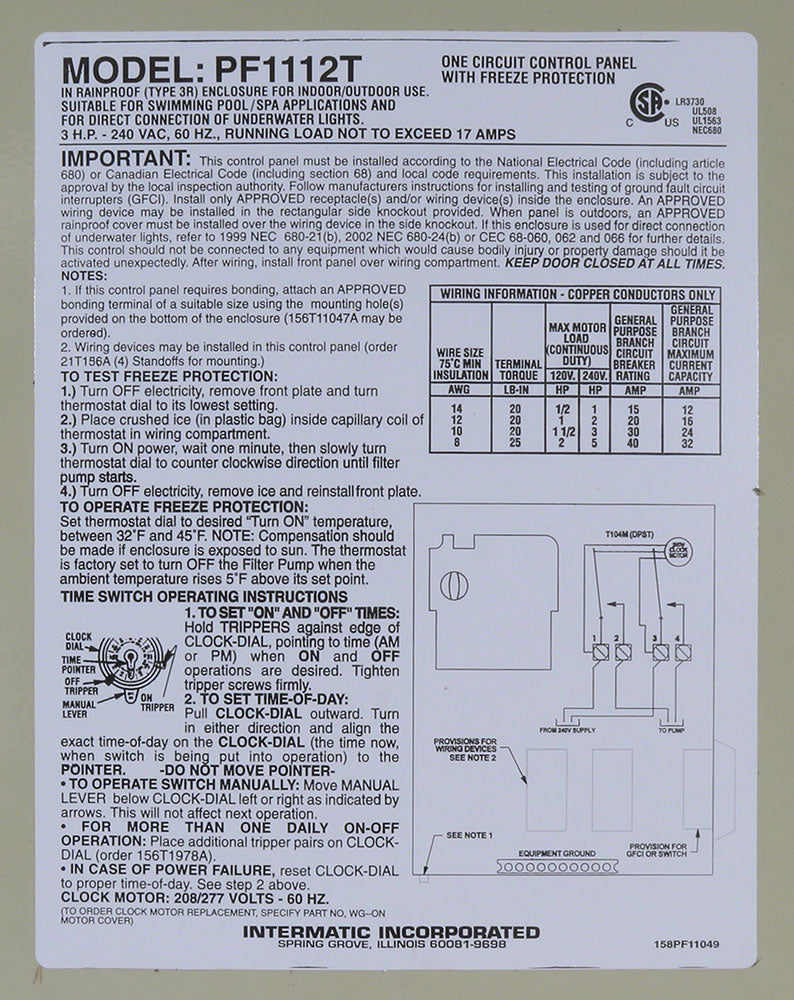 Intermatic 240V Freeze Protection Control Center With Timer