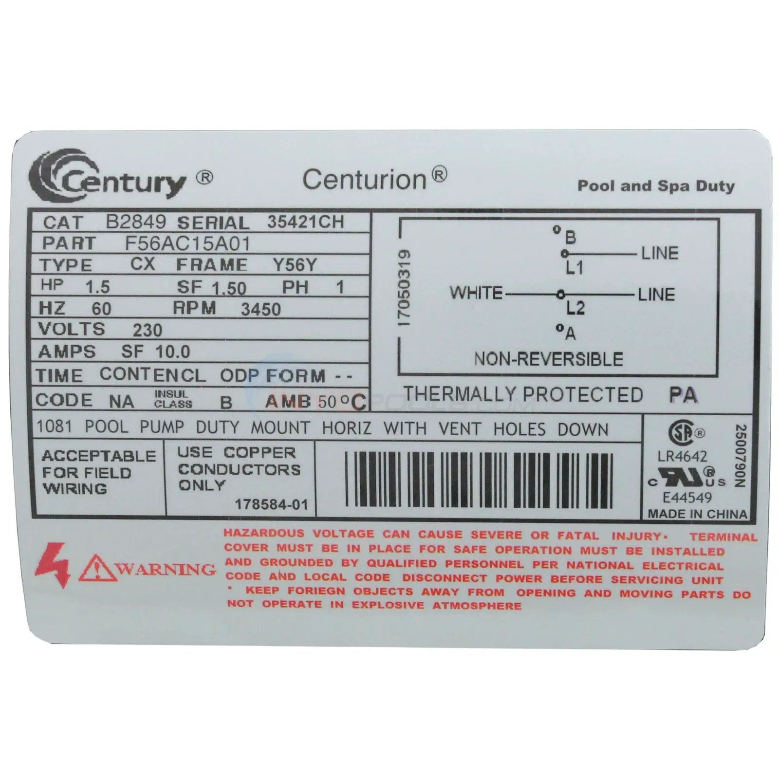 Century 1.5 HP Pool Pump Motor - B2849 Full Rate | Single Speed | Square Flange 56Y Frame - B849 by Duckies Pool Supply