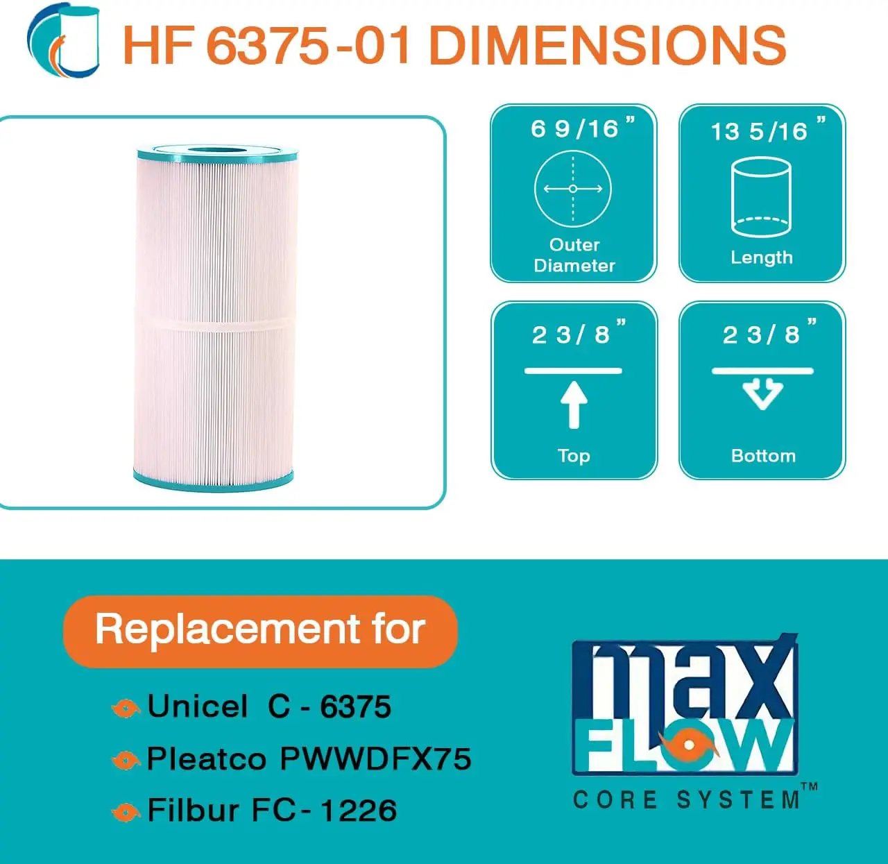 HF6375-01 Advanced Spa Filter Cartridge - Replacement for Pleatco PWWDFX75, Unicel C-6375 Filbur FC-3754, DynaFlo XL Skim Filter Cartridge, 817-0018 by Hurricane Pool Filters