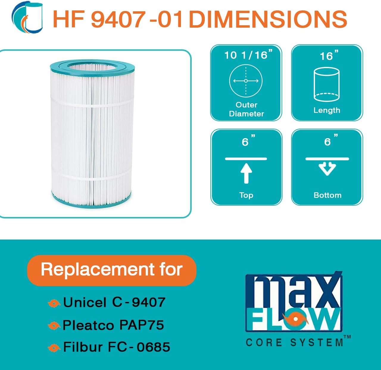 HF9407-01 Advanced Pool Filter Cartridge - Replacement for Pleatco PAP75, Unicel C-9407, Filbur FC-0685, Pentair Clean & Clear 75, Predator 75, Cal Spas