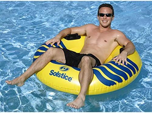 SOLSTICE Inflatable Tube Float – Heavy-Duty Material with Grab Handles for Pool, Lake & River – Compact Size for Easy Packing – 1-Person, Yellow & Blue, Large 48" – River Rough by Swimline
