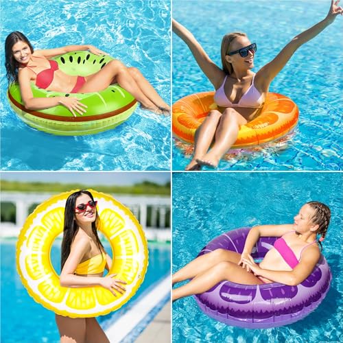 Elcoho 8 Pack Inflatable Pool Rings Set 29.5 Inch Swim Tubes Floats in Fruit Designs Orange Lemon Grape Kiwi for Big Beach Swimming Water Toys for Summer, Outdoor Party Supplies|B0F43HSJ1Z
