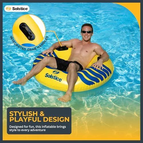SOLSTICE Inflatable Tube Float – Heavy-Duty Material with Grab Handles for Pool, Lake & River – Compact Size for Easy Packing – 1-Person, Yellow & Blue, Large 48" – River Rough by Swimline