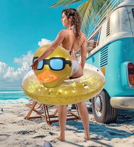 POZA Inflatable Duck Pool Float Tube- Heavy Duty Vinyl UV Resistant Confetti Pool Duck Floatie, Animal Pool Float Swim Ring Pool Inflatables for Kids and Adults for Beach, Party, Vacation by POZA
