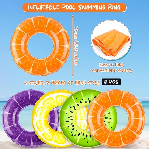 Elcoho 8 Pack Inflatable Pool Rings Set 29.5 Inch Swim Tubes Floats in Fruit Designs Orange Lemon Grape Kiwi for Big Beach Swimming Water Toys for Summer, Outdoor Party Supplies|B0F43HSJ1Z