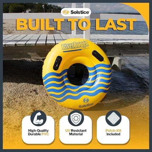 SOLSTICE Inflatable Tube Float – Heavy-Duty Material with Grab Handles for Pool, Lake & River – Compact Size for Easy Packing – 1-Person, Yellow & Blue, Large 48" – River Rough by Swimline