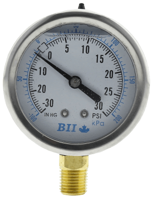 2-1/2" Liquid Filled Press Gauge, 30 psi, 1/4" Bottom Mount, Stainless Steel by Duckies Pool Supply