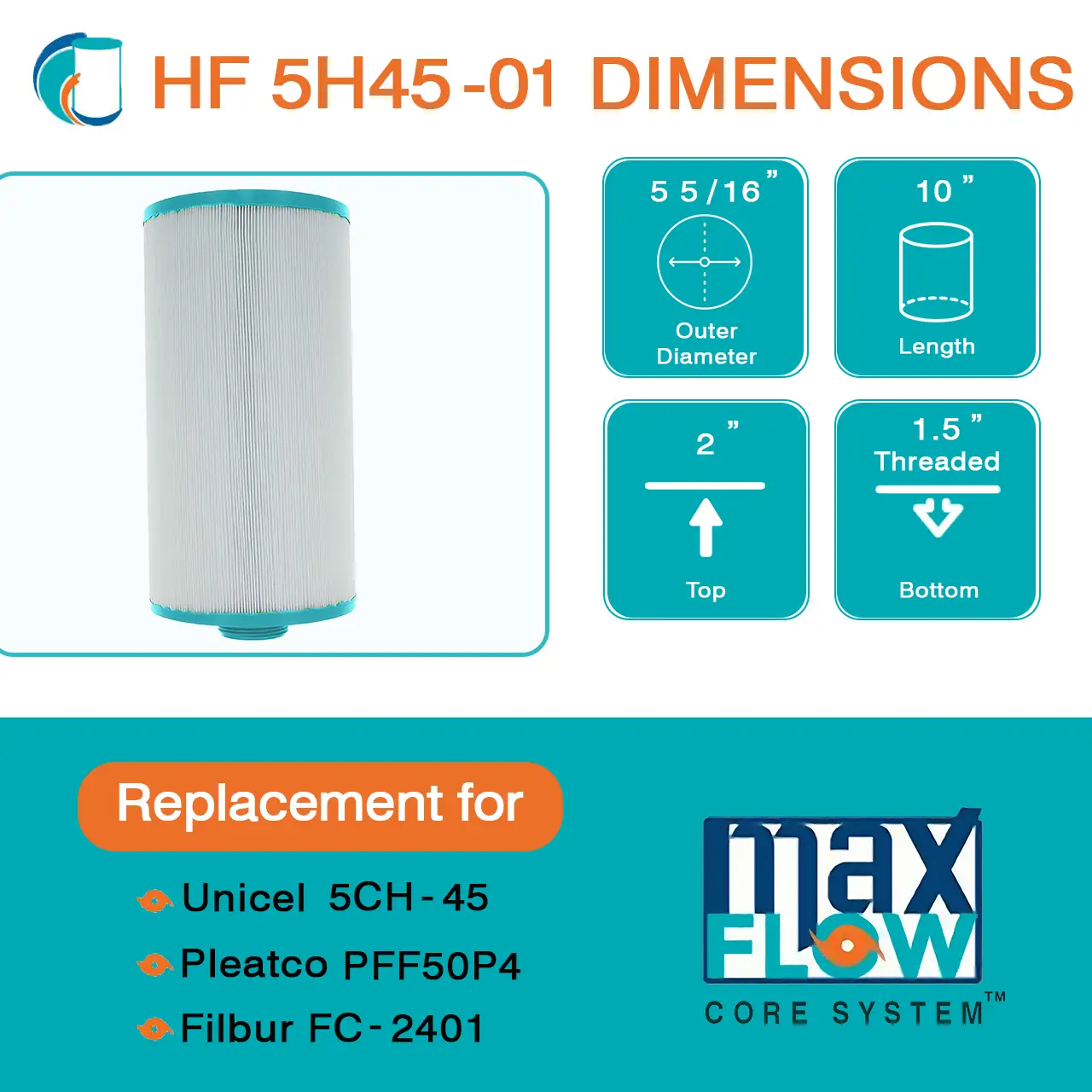 HF5H45-01 Advanced Spa Filter Cartridge - Replacement for Pleatco PFF50P4, Unicel 5CH-45, Filbur FC-2401, Free Flow Spas Legend by Hurricane Pool Filters