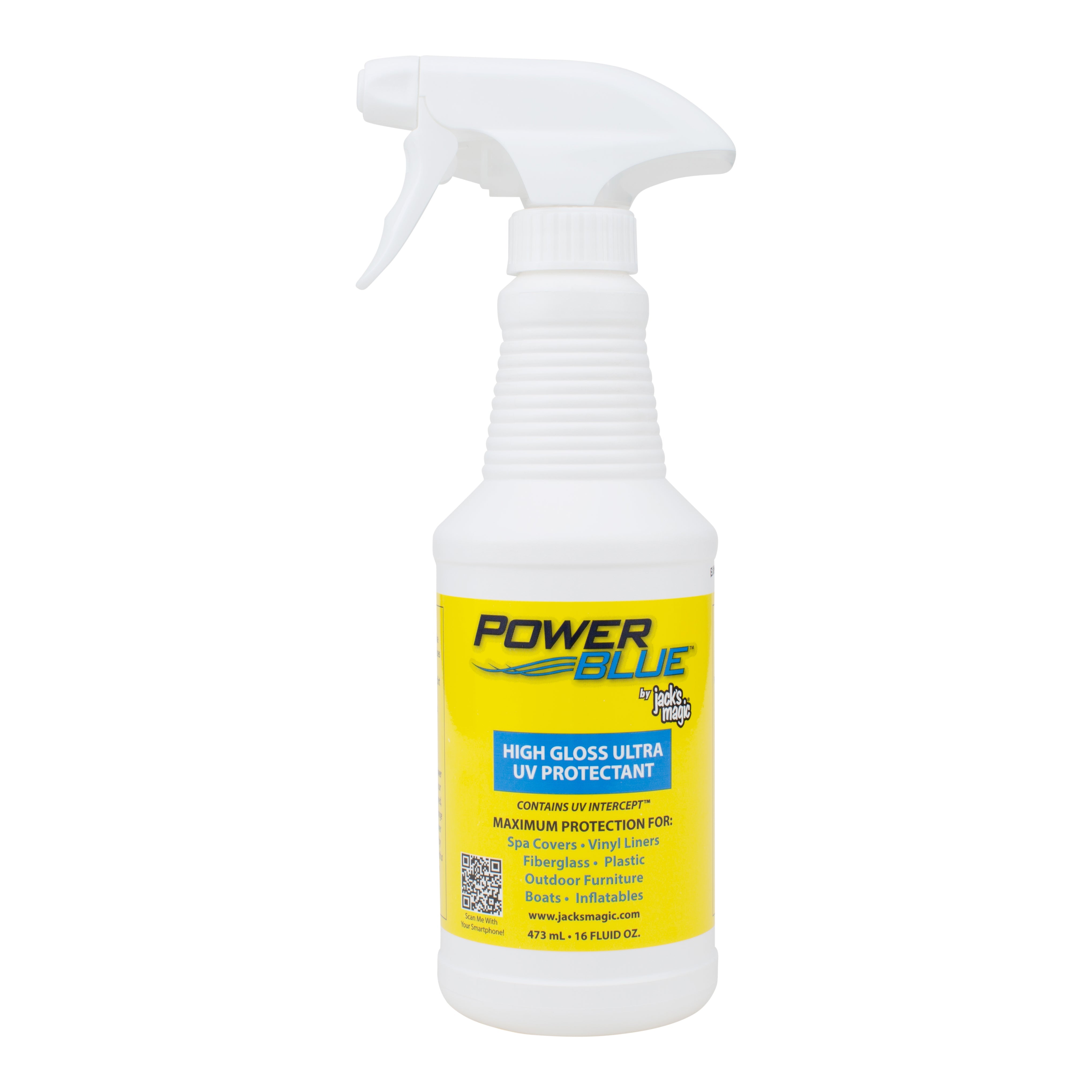 Jack's Magic Power Blue Waterline and Tile Cleaner with High Gloss Ultra UV Protectant for superior cleaning and protection.