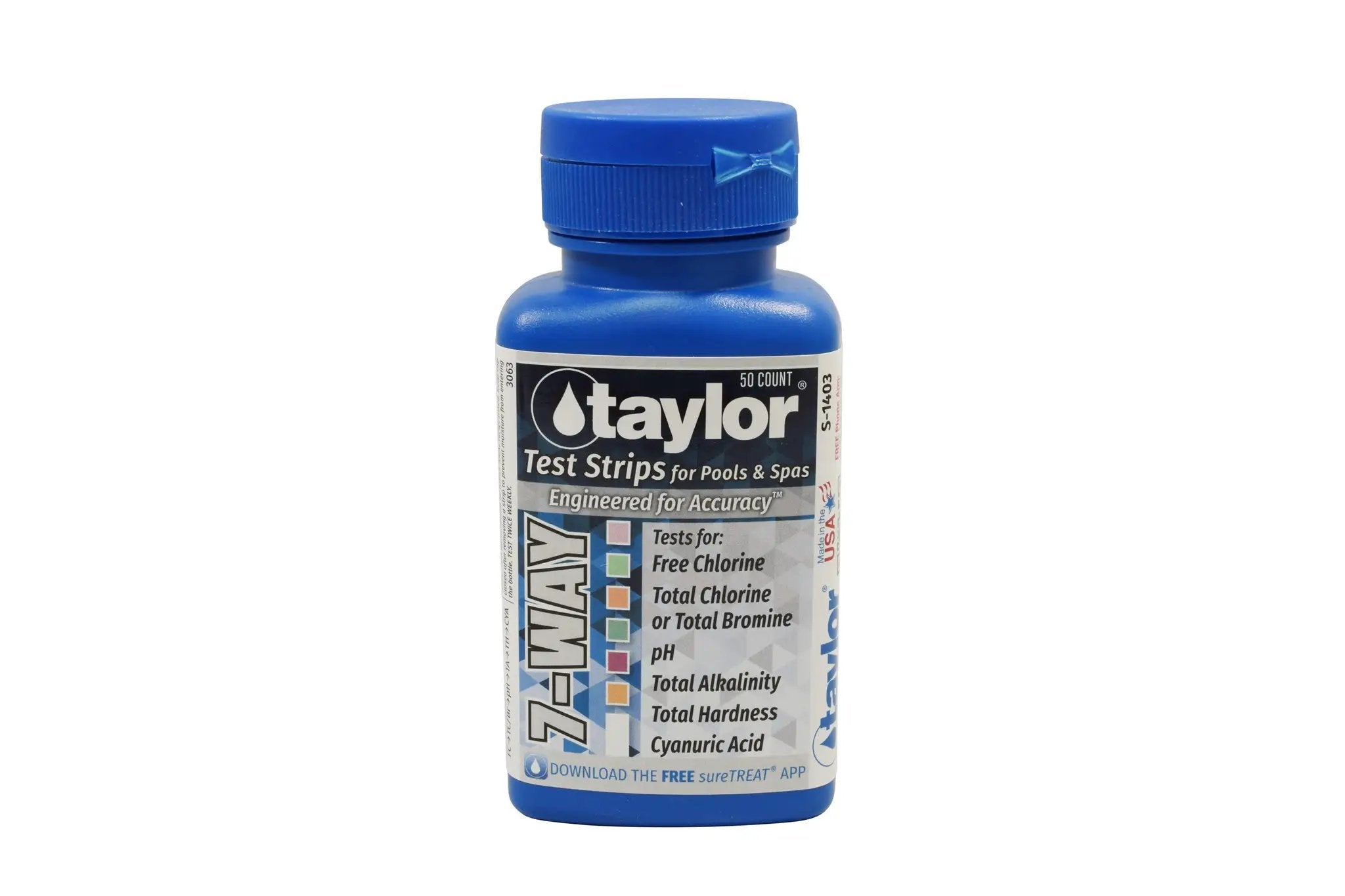 Taylor 7-Way Test Strips for Free Chlorine, Total Chlorine/Bromine, pH, Alkalinity, Hardness, CYA w/ Mobile App, 50/Bottle, 12/Case | S-1403-12 by Taylor